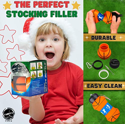 Botella de agua plegable de silicona para niños, regalo deportivo para niños, sin BPA, limpiador de pajitas, a prueba de fugas, duradera y respetuosa con el medio ambiente, 550 ml,Baloncesto.