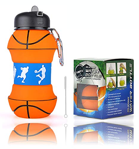 Botella de agua plegable de silicona para niños, regalo deportivo para niños, sin BPA, limpiador de pajitas, a prueba de fugas, duradera y respetuosa con el medio ambiente, 550 ml,Baloncesto.