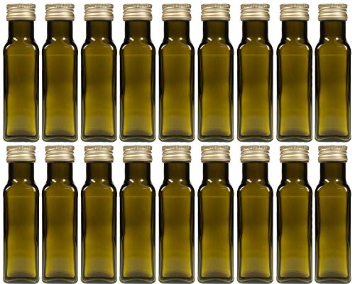 Botella de cristal vacía Maraska verde, 100 ml, incluye Tapón de rosca plateado/oro para zumo, para licores, licores, botellas de aceite, para rellenar (oro, 10 unidades)