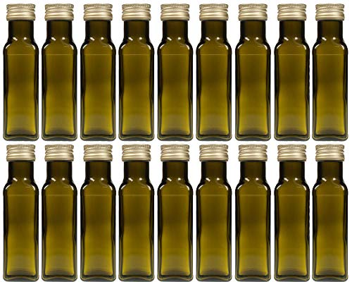 Botella de cristal vacía Maraska verde, 100 ml, incluye Tapón de rosca plateado/oro para zumo, para licores, licores, botellas de aceite, para rellenar (oro, 10 unidades)