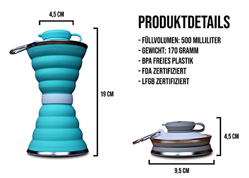 Botella plegable de 500 ml, de silicona, sin BPA, botella de agua para viajes, camping, senderismo y deporte, con mosquetón, color Negro
, tamaño 19cm x 9,5cm; 4,5cm x 9,5cm (eingeklappt)