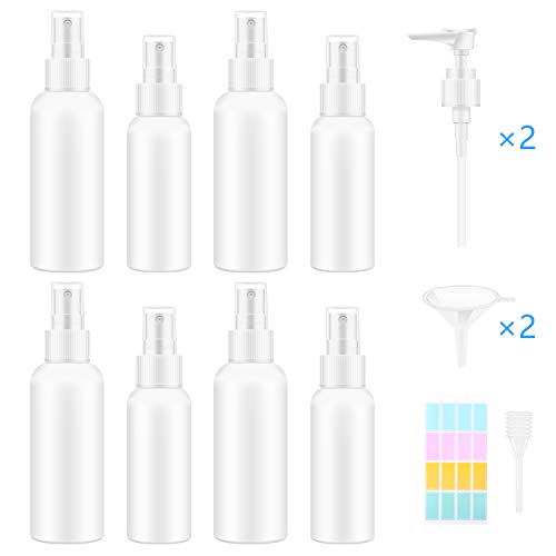 Botella Spray Pulverizador - 60ml 100ml Mini Botes Viaje de Plástico, Botellas Rellenables para Viajes en Avión Contenedores de Líquido con 2 de Embudo 2 deTapa de Bomba 1 de Pipetas y Etiquetas