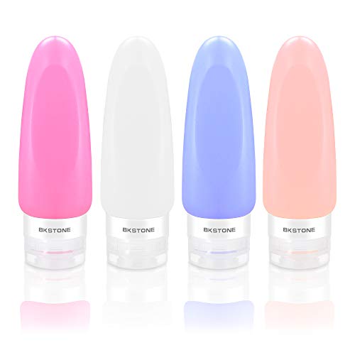 Botellas de Viaje BKSTONE TSA Aprobado [4 Unidades] Contenedores Anti-Fugas de Viaje con Bolsa Transparente 89mL Botellas de Silicona Líquida para Champú, Acondicionador, Loción, Artículos de Tocador