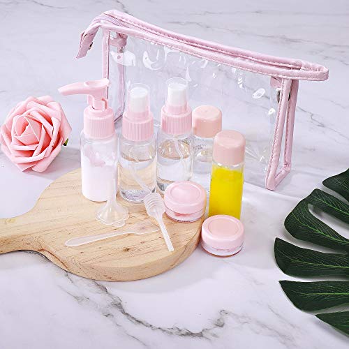 Botellas de Viaje, Líquido Contenedor con Impermeable Bolsa de Aseo Claro PVC, 12pcs Kit Aseo de Viaje para Avion, Recipientes para Maquillaje Cosmético para Champú, Crema, Gel, Rosa