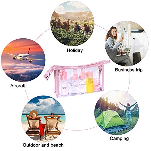 Botellas de Viaje, Líquido Contenedor con Impermeable Bolsa de Aseo Claro PVC, 12pcs Kit Aseo de Viaje para Avion, Recipientes para Maquillaje Cosmético para Champú, Crema, Gel, Rosa