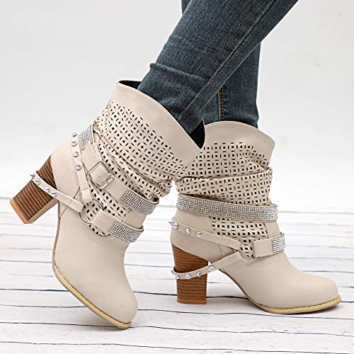 Botines de Mujer Zapatos Mujer Invierno ZARLLE Moda Ahueca hacia Fuera Botines Señoras Talón Mitad Boots Zapatos Botas de Plataforma Botas para Mujer Invierno de Vestir Zapatos de tacón