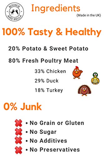 Bounce and Bella Premios para Perro Sin Cereales Bolsa de 800 Snacks Sabrosos y Saludables – 80% Carne Fresca de Ave, 20% Patata y Boniato – Premios Hipoalergénicos para Perros de Estómago Sensible
