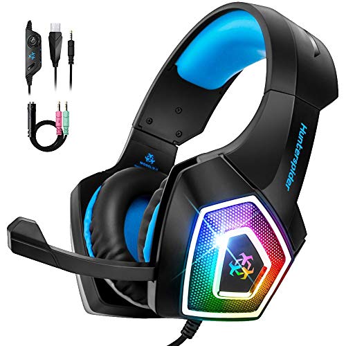 Bovon Cascos Gaming, Auriculares PS4 con Micrófono Cancelación de Ruido & Luz LED RGB, Cascos Gamer Xbox One Bass Surround con Orejeras de Memoria Suave para Nintendo Switch/Mac/PC/Tablet/Juego