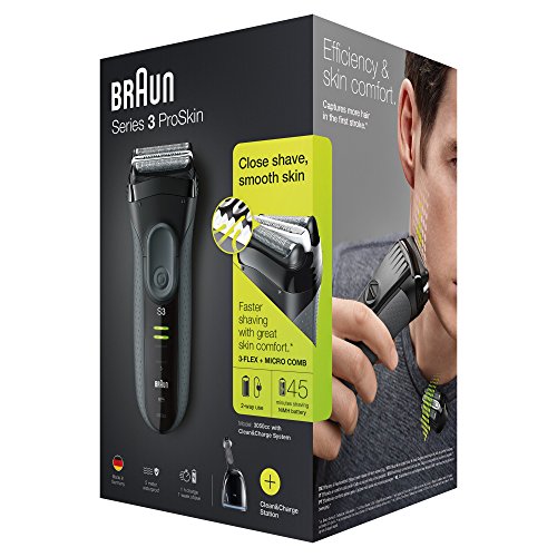 Braun Series 3 ProSkin 3050 cc  Afeitadora eléctrica para hombre, máquina de afeitar barba inalámbrica y recargable, recortadora de precisión extraíble, negro/gris + base limpieza y carga Clean&Charge