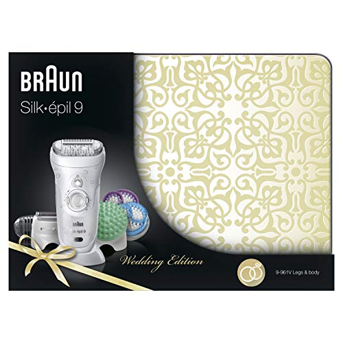 Braun Silk-épil 9 SkinSpa 9-961V - Depiladora para mujer eléctrica, sistema de exfoliación y cuidado de la piel 4 en 1 + 12 accesorios, oro rosa/blanco