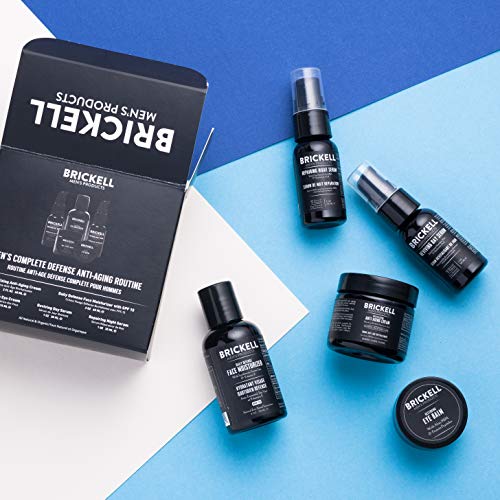 Brickell Men's Products Complete Defense Anti Aging Routine, Crema Facial de Noche, Suero Diurno y Nocturno de Vitamina C, Crema Hidratante Facial con SPF y Crema para los Ojos (Perfumado)