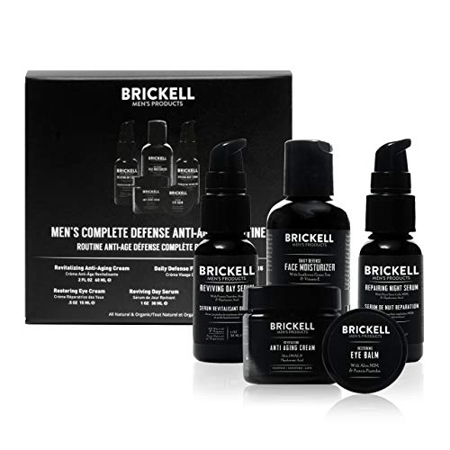 Brickell Men's Products Complete Defense Anti Aging Routine, Crema Facial de Noche, Suero Diurno y Nocturno de Vitamina C, Crema Hidratante Facial con SPF y Crema para los Ojos (Perfumado)