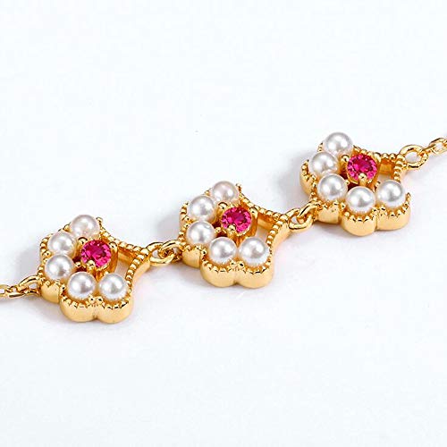 Brillando Chapado en Plata 14 k Pulsera de Oro Mujer Palacio Retro Viento corindón Rojo de Agua Dulce joyería de Perlas joyería pequeña Flor (Flor de Perla)