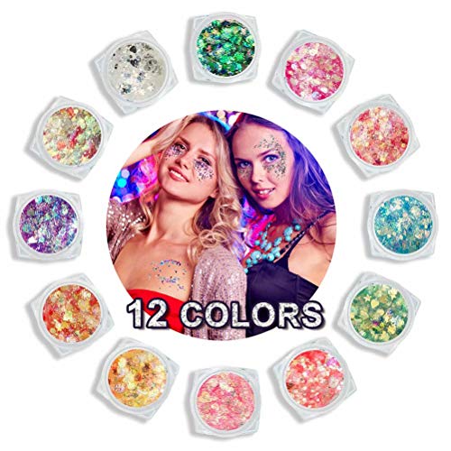 Brillos Corporales, Purpurinas Polvo, Purpurinas Cosmético Glitter para cuerpo, mejillas, cabello, sombra de ojos, uñas, maquillaje para fiesta de fiesta, brillo corporal (12 colores)