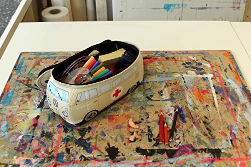 BRISA VW Collection Volkswagen VW T1 Bus Bolsa Universal de Neopreno, Estuche para lápices, Caja de papelería, Neceser,Bolso de Maquillaje-Cosméticos-Aseo para Escuela/Oficina/Regalo (Ambulance/Beige)