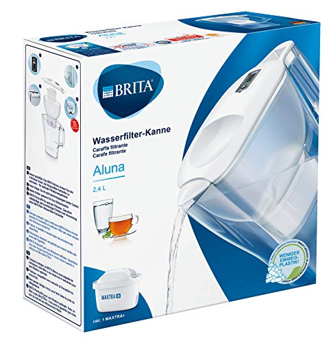 BRITA Aluna blanca - Jarra de Agua Filtrada con 1 cartucho MAXTRA+, Filtro de agua BRITA que reduce la cal y el cloro, Agua filtrada para un sabor óptimo, 2.4L
