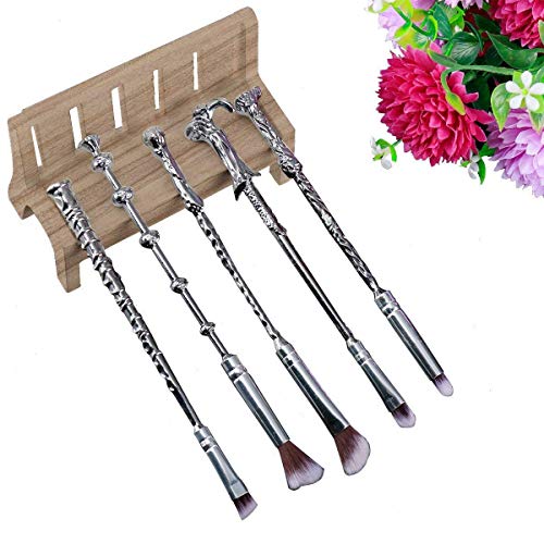Brocha de maquillaje, varita mágica, juego de regalo de 5 piezas con cerdas de pelo de aspecto elegante, color plateado y negro