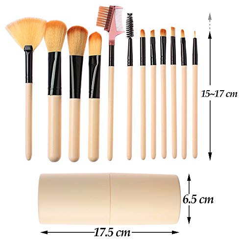 Brochas De Maquillaje 12 Piezas con estuche, ZoneYan set de brochas de maquillaje rostr, Pincel de maquillaje de viaje(Beige)