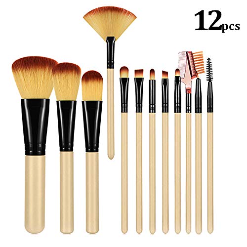 Brochas De Maquillaje 12 Piezas con estuche, ZoneYan set de brochas de maquillaje rostr, Pincel de maquillaje de viaje(Beige)