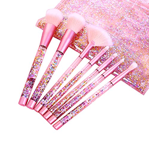 Brochas de Maquillaje 7 Piezas de HyAdierTech, Cerdas de Fibra Sintética Suaves y sin Crueldad, Detalle de Oro Rosa, Elegante de Bolsa de Almacenamiento de PV Incluido, Chispeante & Bling