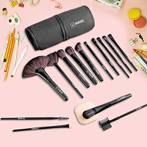 brochas de maquillaje,Vander- Juego de 32 brochas de maquillaje profesionales, base sintética, polvos, correctores, brochas de belleza con bolsa de viaje para cosméticos, negro