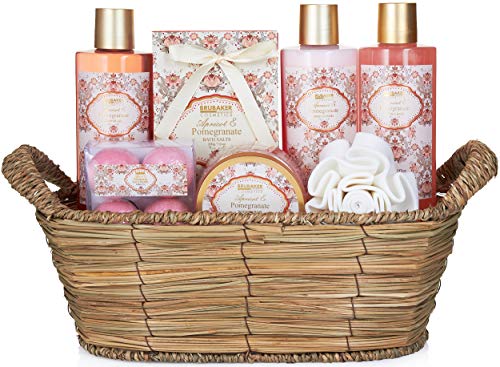 BRUBAKER Cosmetics Set de Baño y Ducha"Apricot & Pomegranate" - Fragancia Albaricoque y Granada - Juego de regalo de 11 piezas en cesta de mimbre