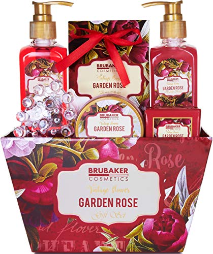 BRUBAKER Cosmetics Set de Baño y Ducha"Garden Rose" Fragancia floral Rosa y Violeta - 7 piezas - Set de Regalo Flor Vintage con acrílico masajeador