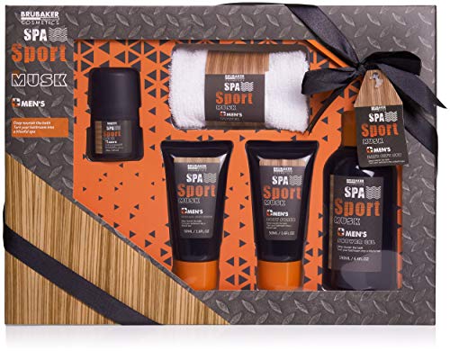 BRUBAKER Cosmetics 'Spa Sport Musc' 5 piezas, set de baño para hombres con toallita en cofre regalo