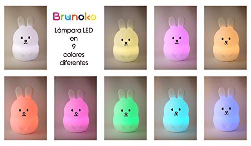 BRUNOKO luz nocturna infantil - lámpara quitamiedos portátil y USB recargable - lámpara infantil LED multicolor con mando - luz bebe Silicona suave y lavable - luz quitamiedos Diseñado en España