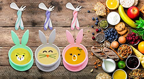 Brunoko Vajilla Bebé Set de Plato Ventosa + Cubiertos -Cuenco y Cuchara Silicona Destete - Vajilla Infantil Antideslizante con Succión + Utensilios Infantiles Aprendizaje BLW-Diseñado en España (Rosa)
