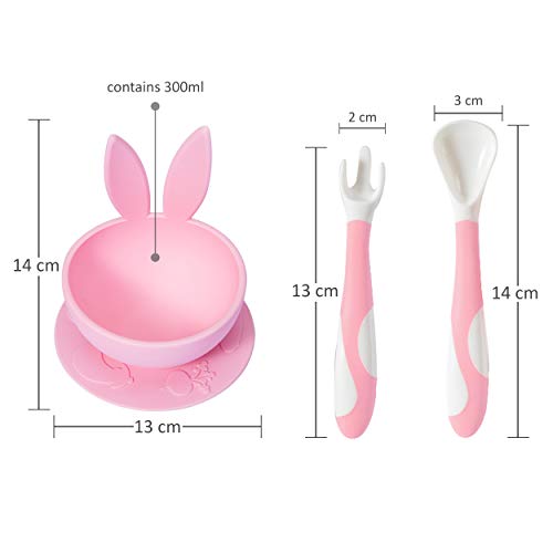 Brunoko Vajilla Bebé Set de Plato Ventosa + Cubiertos -Cuenco y Cuchara Silicona Destete - Vajilla Infantil Antideslizante con Succión + Utensilios Infantiles Aprendizaje BLW-Diseñado en España (Rosa)
