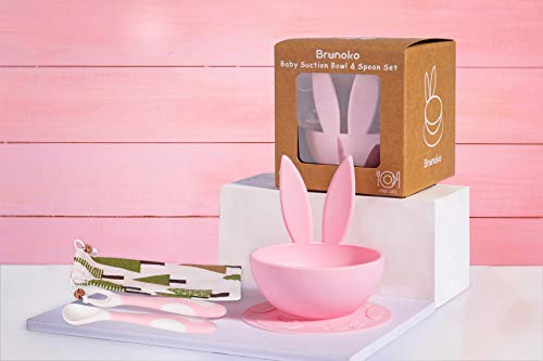 Brunoko Vajilla Bebé Set de Plato Ventosa + Cubiertos -Cuenco y Cuchara Silicona Destete - Vajilla Infantil Antideslizante con Succión + Utensilios Infantiles Aprendizaje BLW-Diseñado en España (Rosa)