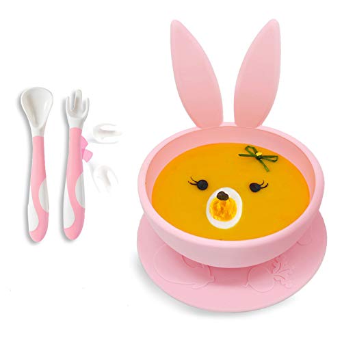 Brunoko Vajilla Bebé Set de Plato Ventosa + Cubiertos -Cuenco y Cuchara Silicona Destete - Vajilla Infantil Antideslizante con Succión + Utensilios Infantiles Aprendizaje BLW-Diseñado en España (Rosa)