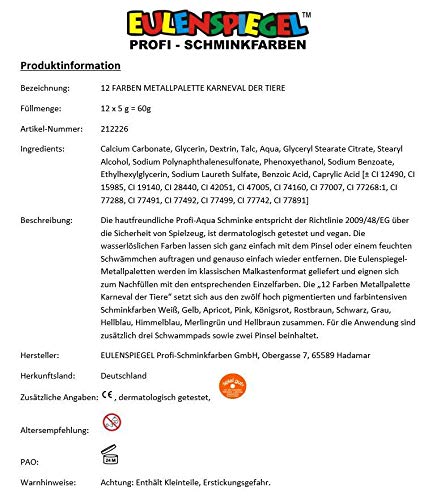 Búho Espejo metal palé el Carnaval de los animales 15 piezas de maquillaje (12 x Colores, 2 x Pincel, 1 x Estuche de metal)