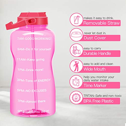 BuildLife Motivational - Botella de agua (2 L, 3,8 L, sin BPA, con pajita y marcador de tiempo), color rosa claro, tamaño 2 L