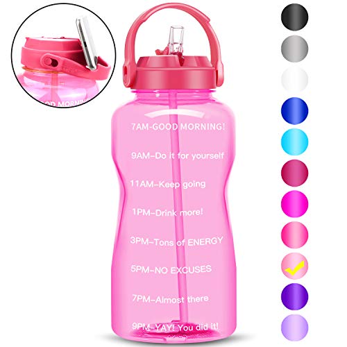 BuildLife Motivational - Botella de agua (2 L, 3,8 L, sin BPA, con pajita y marcador de tiempo), color rosa claro, tamaño 2 L