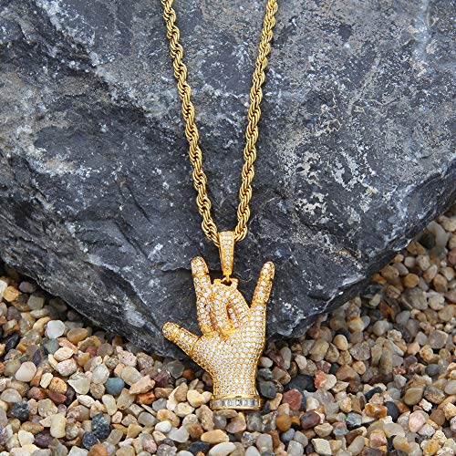 Burenqi I Love You Colgante de Gesto Domineering Super Flash Micro Inlay Zircon Collar Influx Hip Hop Jewelry, Cadena de Giro de Oro + 3mm de Acero Inoxidable