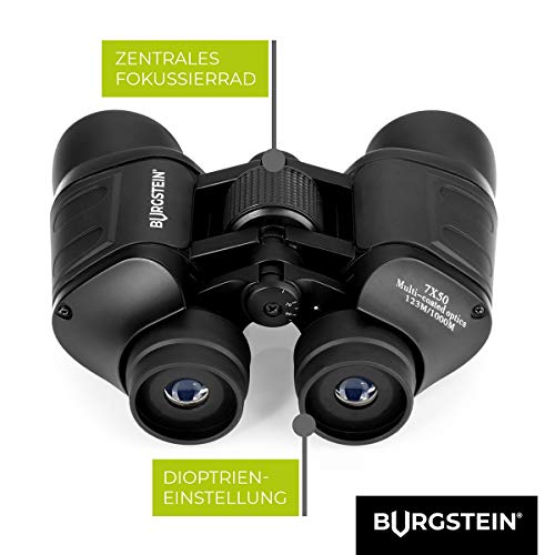 Burgstein® Prismáticos 7x50 - Prismaticos profesionales, largo alcance, Binoculares, Telescopios de caza profesionales, resistentes, antideslizantes y repelentes al agua para adultos