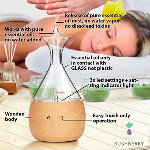Bushberry Mist Difusor de Aromas – Nebulizador Madera de Haya con Vidrio -Difusor Aromaterapia sin Agua – sin Contacto con plásti-cos – Vaporizador de Aceites Esenciales Doméstico y Profesional.