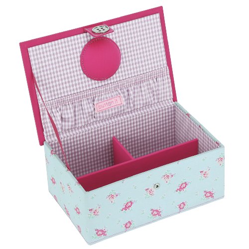 BUTTON IT Summer Fayre Medium Duck Egg Blue and Bright Pink Bunting Sewing Box with Lilac Gingham Lining
