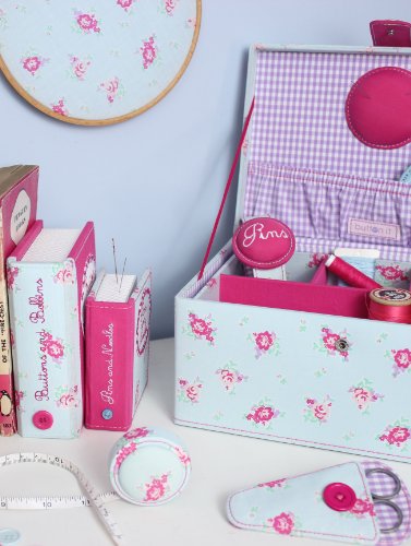 BUTTON IT Summer Fayre Medium Duck Egg Blue and Bright Pink Bunting Sewing Box with Lilac Gingham Lining