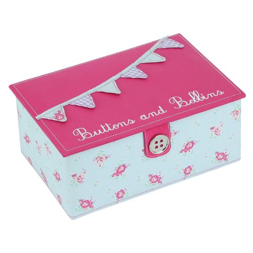 BUTTON IT Summer Fayre Medium Duck Egg Blue and Bright Pink Bunting Sewing Box with Lilac Gingham Lining