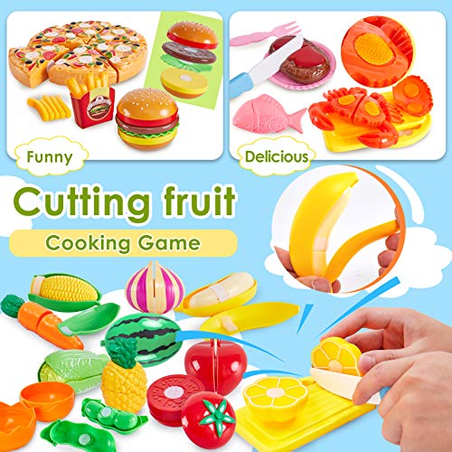 Buyger 2 en 1 Supermercado Carrito de Compras Juguetes Comiditas Frutas y Verduras Juguete para Cortar Niños Niñas 3 4 5 Años Regalo
