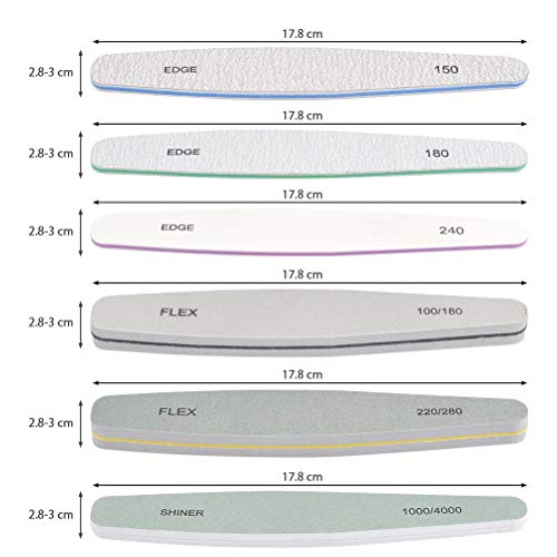 BUYGOO 6PCS Limas de uñas Profesionales Doble Cara 100/180 150 180 240 220/280 1000/4000 Grano pedicura para el Cuidado de Las uñas