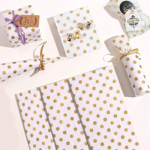 BUZIFU 50 Hojas de Papel de Regalo Papel de Lunares Papel de Regalo Blanco y Dorado Papel de Punto Dorado Accesorios de Embalaje de Regalo para Hacer regalos, 50 x 70cm
