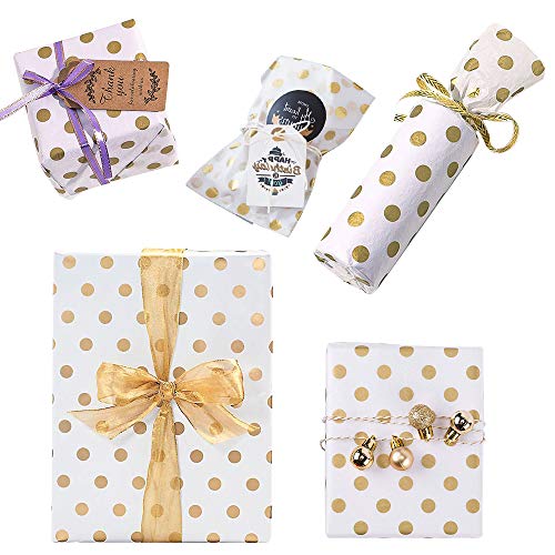 BUZIFU 50 Hojas de Papel de Regalo Papel de Lunares Papel de Regalo Blanco y Dorado Papel de Punto Dorado Accesorios de Embalaje de Regalo para Hacer regalos, 50 x 70cm
