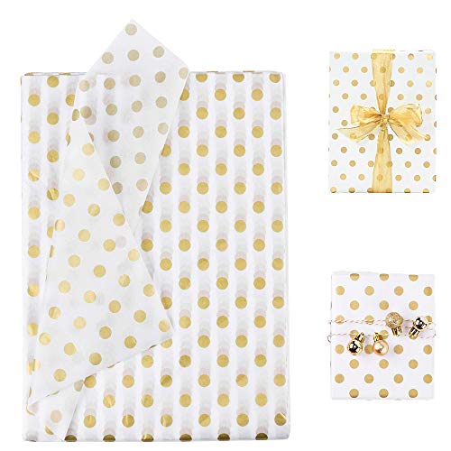 BUZIFU 50 Hojas de Papel de Regalo Papel de Lunares Papel de Regalo Blanco y Dorado Papel de Punto Dorado Accesorios de Embalaje de Regalo para Hacer regalos, 50 x 70cm