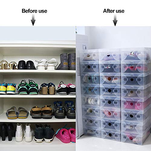BUZIFU Cajas de Zapatos Transparentes, 20 unids Cajas Plastico Zapatos, Caja para Zapatos Apilable, hasta La Talla 42, Caja para Guardar Calzado de Muchos Tipos, Zapatillas, Tacones, Botas Cortas