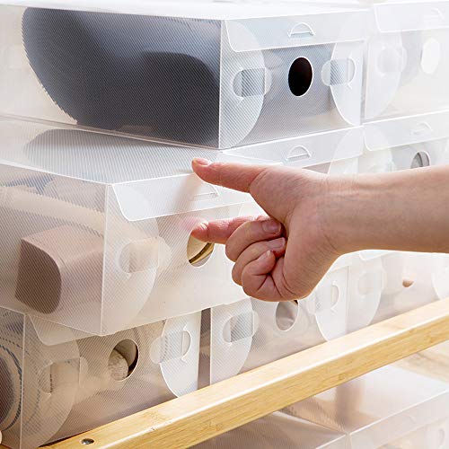 BUZIFU Cajas de Zapatos Transparentes, 20 unids Cajas Plastico Zapatos, Caja para Zapatos Apilable, hasta La Talla 42, Caja para Guardar Calzado de Muchos Tipos, Zapatillas, Tacones, Botas Cortas