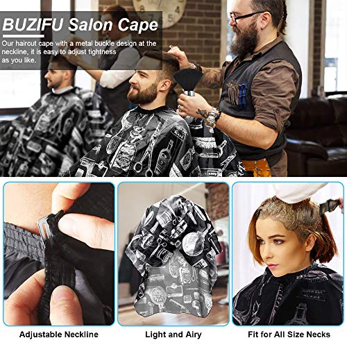 BUZIFU Capa de Peluquería Profesional con Cepillo de Cuello/Cepillo de Barbero, Bata Barbero de Gran Tamaño y Ajustable, Capa de Peluquería Hombres Mujeres y Niños, Transpirable, para Hogar y Salón